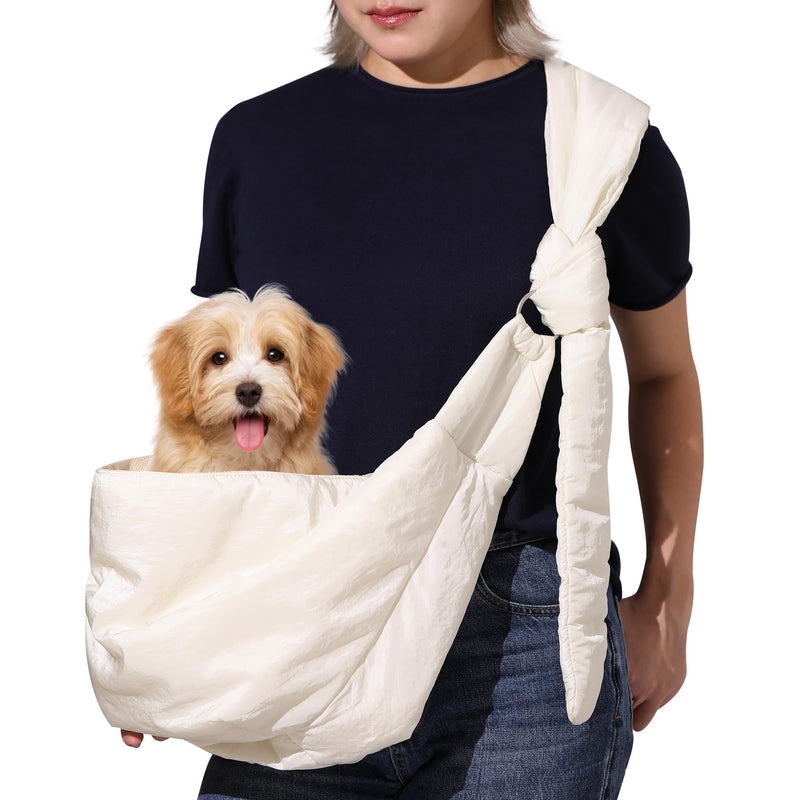 FUKUMARU Dog Sling, DIY Strap Puppy Carrier Sling for 5-12lbs Small Dogs, Ultralight Cat Travel Purse with Mesh Bag, Pets Papoose Carrier Foldable and Machine Washable, 22.44 * 16.9 * 11.8inch(Cream) - PawsPlanet Australia
