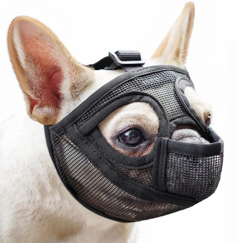 Mayerzon Short Snout Dog Muzzle, French Bulldog Muzzle with Tongue Out Design to Prevent Eating Biting Licking, Mesh Dog Muzzle for Shih Tzu Pug English Bulldog, Breathable Muzzle for Grooming Walking Black M [Head Cir: 18"-20½"] - PawsPlanet Australia