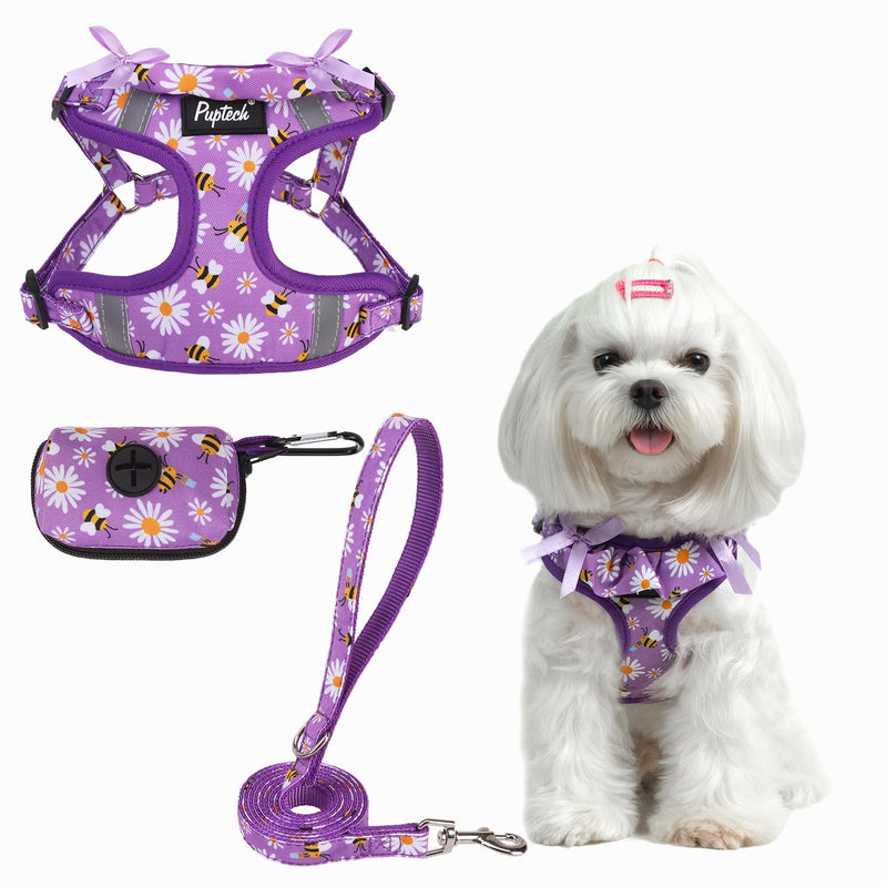 PUPTECK Dog Harness and Leash Set Small Sized, Step in No Pull Adjustable Puppy Cat Harness Reflective Pet Vest S (13-17lbs, Chest 15"-18") #2 Purple(Daisy Print) - PawsPlanet Australia