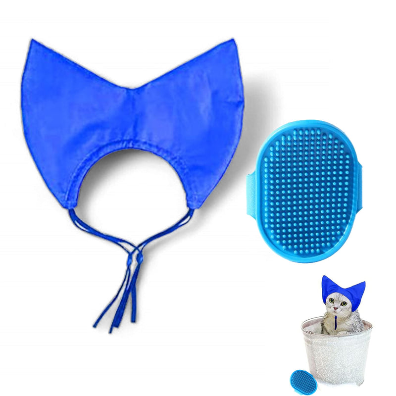 Cat Shower Cap and Bath Brush set, Cat Ear Cover and Grooming Bathing Brush for Cats Puppy Small Dogs, Cat Ear Protection Stuff, Small Dog Cat Bathing Supplies, Pet Accessories (Blue) Blue - PawsPlanet Australia