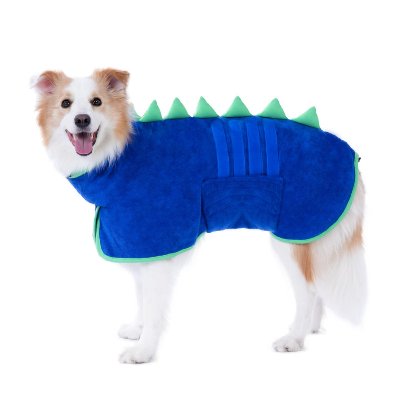 Super Absorbent Dog Bathrobe, Microfiber Bath Robe Towel for Fast Drying, Cozy Fit, Adjustable Belly Strap, Unique Dinosaur Design Dog Drying Coat for Bath, Rainy Walks & Cold Weather Blue, Green edging XX-Large - PawsPlanet Australia