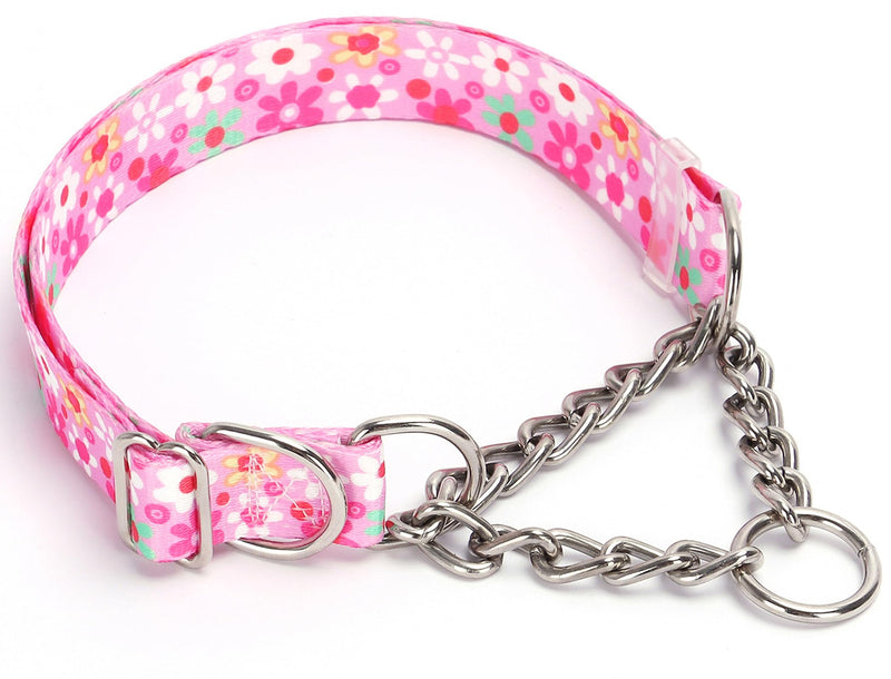 Martingale Collar for Dogs with Nylon & Steel Chain Limited Cinch Design, No Choke Dog Collar with Pink Flower Design, Adjustable No Pull Dog Collar, Great for Whippets, Greyhounds and More (M) 2 M