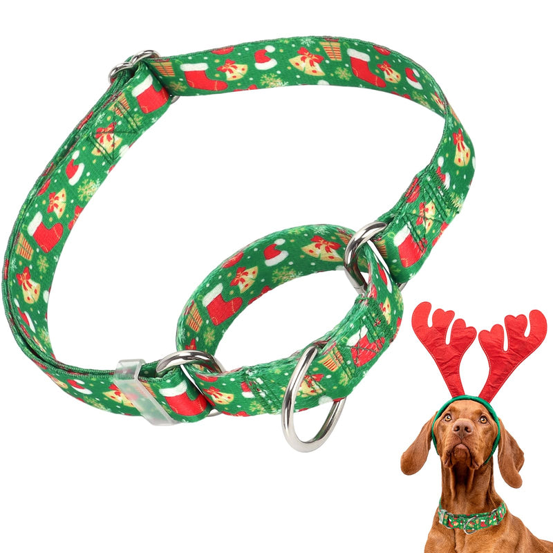Christmas Martingale Collar for Dogs with Snowflakes Bells Hats, Adjustable Classic Nylon Martingale Dog Collar for Boy Girl Dogs, No Slip Collar Dog Training Collar, Great for Dogs (L) 35 L (Neck 18"-25") - PawsPlanet Australia