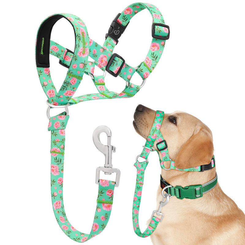 Dog Head Collar, Printed No-Pull Headcollar, Adjustable Dog Head Halter Gentle Lead with Safety Link, 3 Colors Muzzle Leash for Small Medium Large X-Large Dogs Easy Walks(XLarge, Peony) XLarge - PawsPlanet Australia