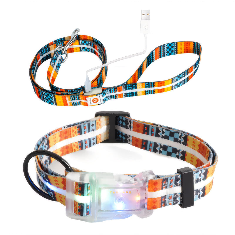 Light Up LED Dog Leash+LED Dog Collar Set USBRechargeable Waterproof,Colorful 3 Lighting Modes 5 Ft Glow Pet Leash for Small Medium Large Dogs Walking at Night(Bohemian Orange) Bohemian Orange 1.5m Leash+10-25in Collar Can be Crop - PawsPlanet Australia