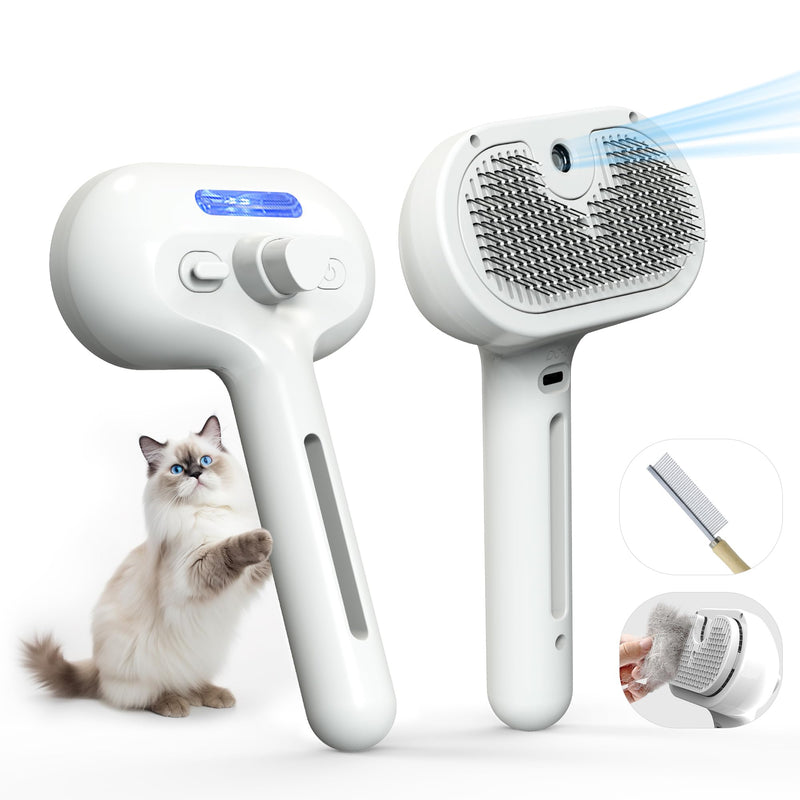 Pet Grooming Brush with Electronic Mist Spray - Gentle Deshedding Tool for Cats & Dogs, Reduces Shedding, Easy to Use, Soft Bristles, Promotes Healthy Coat-Comes with a hair smoothing comb-White White - PawsPlanet Australia