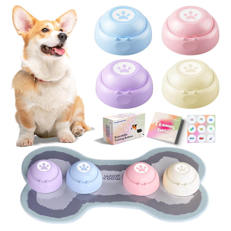Recordable Dog Buttons, Loud 30-sec Voice Recording Buttons, Pet, Dog, Cat Buttons for Communication, Training and Talking Buttons for Small Dogs, with Mat, Training Manual, Stickers, 4 Buttons - PawsPlanet Australia