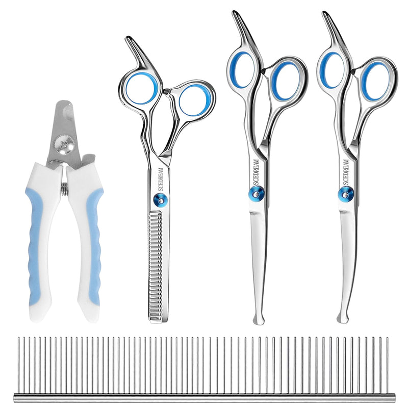 Professional Dog Grooming Scissors with Safety Round Tips, 5 in 1 Dog Grooming Scissors Kit, 4CR Stainless Steel Professional Pet Grooming Shears for Dogs/Cats, Sharp and Durable, Blue - PawsPlanet Australia