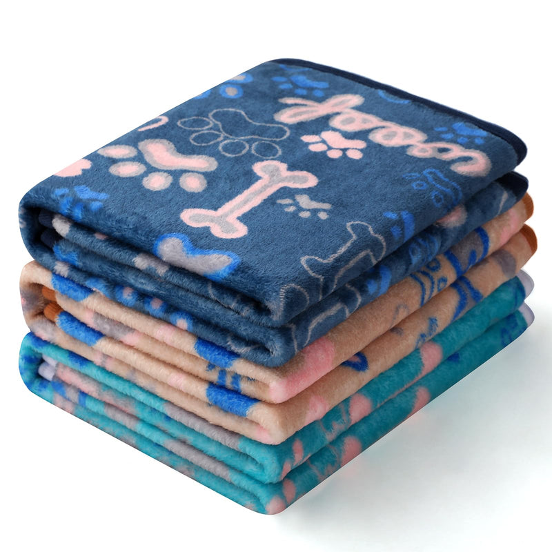 Luciphia 1 Pack 3 Blankets Fluffy Premium Fleece Pet Blanket Flannel Paw Bone Printed Throw for Dog Cat(Large 41"x31", Khaki/Blue/Navy) 41x31 inch (Pack of 3) Khaki/Blue/Navy Bone - PawsPlanet Australia