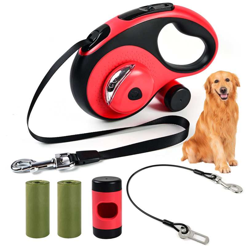 Heavy Duty Retractable Dog Leash for Large Dogs, 26ft Dog Leash with Poop Bag Holder, Up to 110lbs, chew Proof Cable, LED Light, 360° No-Tangle, One-Handed Pause & Locked. (Red, L 26ft) Red