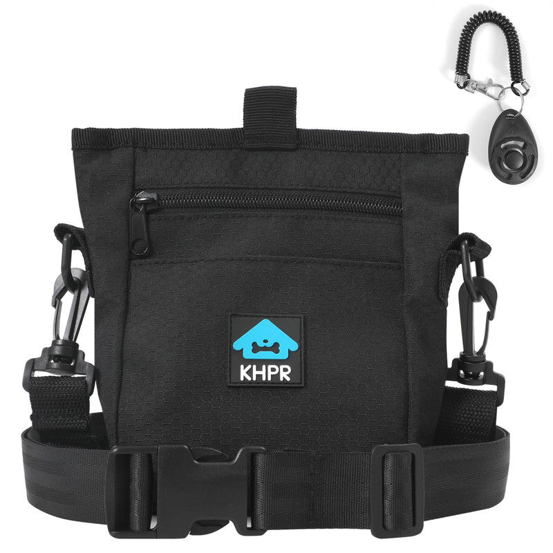 Dog Treat Pouch Magnetic Closure with Training Clicker，Hands-Free Design to Prevent Spills，Built in Poop Bag Dispenser，3 Ways To Wear，Metal Clip Waist Belt and Fanny Pack for Pet Walking（Black） Black - PawsPlanet Australia