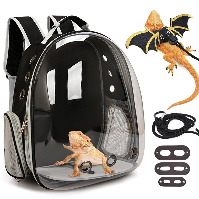 kathson Bearded Dragon Carrier with Harness and Leash Set, Large Reptile Travel Carrier Portable Lizard Backpack Clear Small Animals Carrying Bag for Gecko Hamster Rabbit Hedgehog Kitten (Black) Black - PawsPlanet Australia