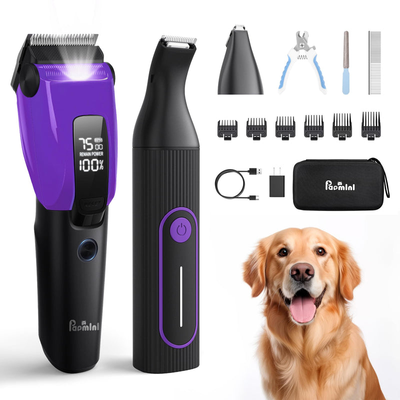 Dog & Cat Grooming Kit for Thick Coats, Heavy Duty Rechargeable Trimmer with LED Display & Storage Bag (Purple, 2 in 1) Deep Purple - PawsPlanet Australia