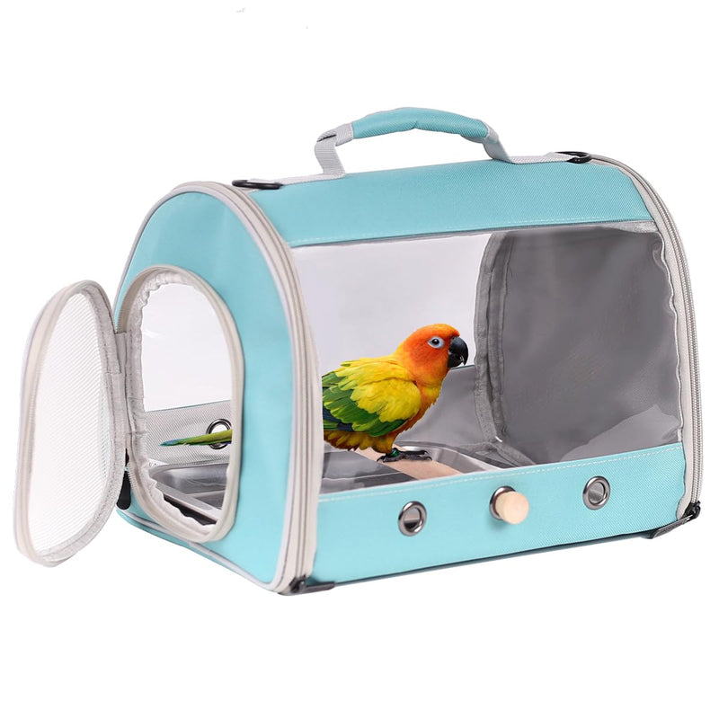 Long Tail Portable Bird Travel Carrier Cage with Metal Tray Soft Mat and Wooden Standing Perch, Hands Free Lightweight Clear 2 Windows Carry Bag for Parakeet Budgies Cockatiel Transport to Vet Green Cylinder Design - Clear - PawsPlanet Australia