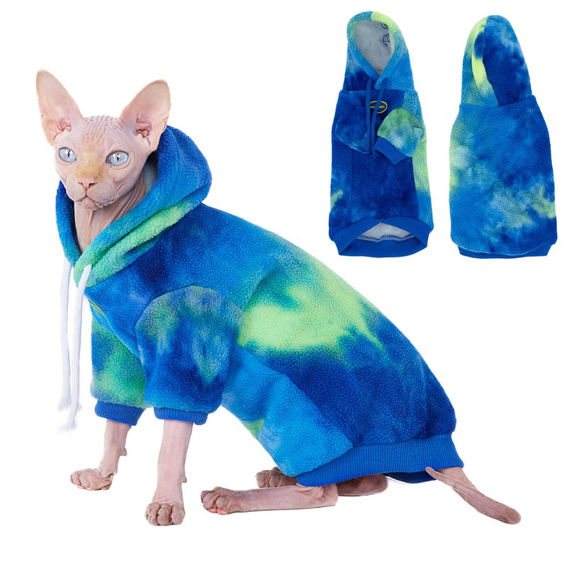 Sphynx Cat Hoodie Sweater, Thick Warm Stratch Soft Cat Hoodie Jacket,Two Legged Warm Fleece Hoodie for cat,Autumn Winter Clothes for Kitten Small Dogs (Blue&Green Tie Dye, S (2-3lbs)) Blue&Green Tie Dye S (2-3lbs) - PawsPlanet Australia