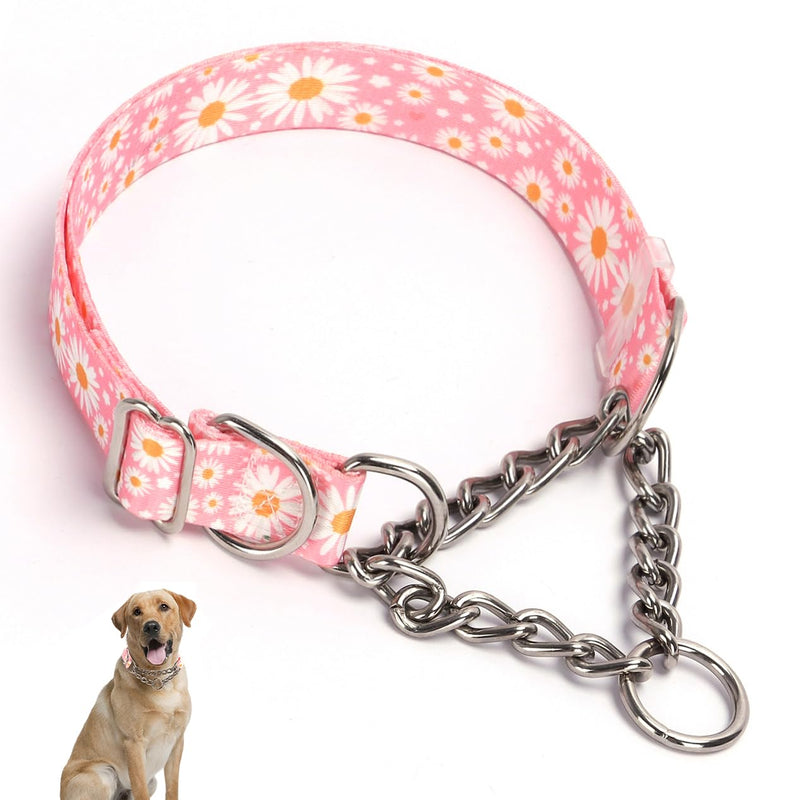 Stainless Steel Chain Martingale Collar for Dogs, No Pull Slip Cinch Choker Choke Collar Training Escape Proof Heavy Duty Dog Collar for Small Medium Large Pet Girl Female Dogs, Pink Daisy XL XL(Neck22-28") - PawsPlanet Australia