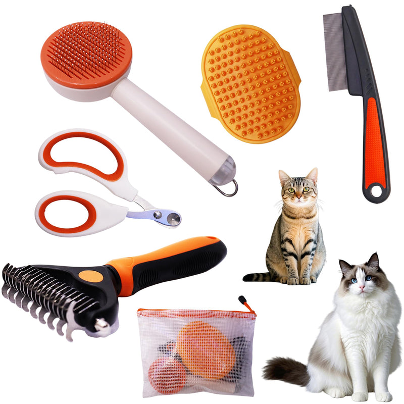 Cat grooming kit,5pcs Deshedding Brush for Cat with Kitten Nail Clipper,Cat Brush,Flea Comb and Bath Brush,Suitable for Short and Long Haired Cats,Indoor Cats and Travel,Orange - PawsPlanet Australia