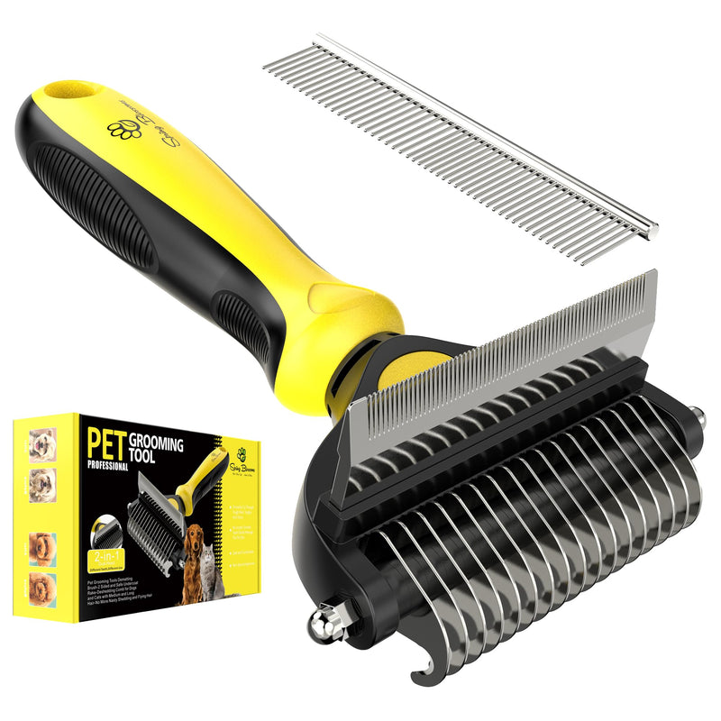 Spring Blossoms-2 in 1 Professional Grooming Rake for Cats & Dogs-Dematting Comb for Easy Mats & Tangles Removing,Pet Brush Safe No More Nasty Shedding and Flying Hair (Lemon Yellow) Lemon Yellow