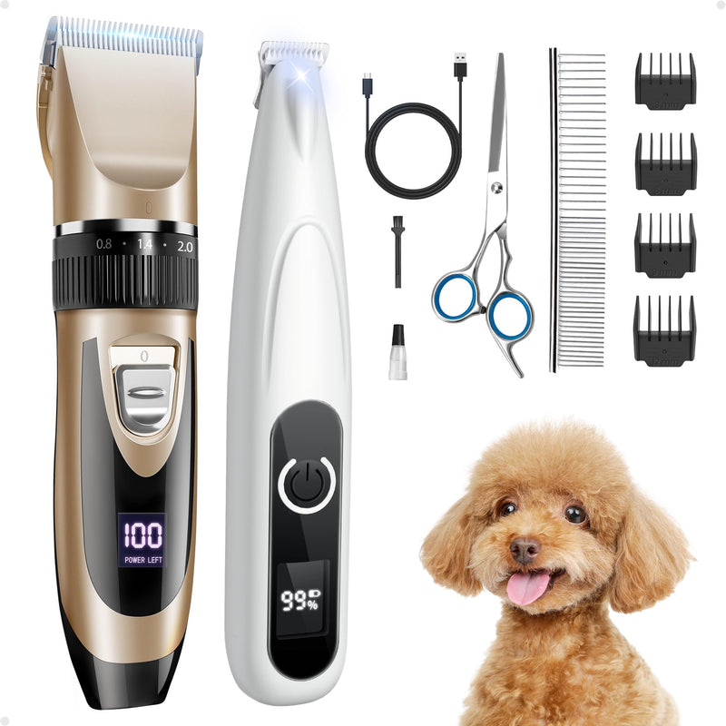 2 in 1 Dog Grooming Kit, Low Noise Rechargeable Dog Clippers for Grooming, Cordless Dog Grooming Clippers and Dog Paw Trimmer, Dog Shavers for Grooming Small Dogs Cats Animals Gold