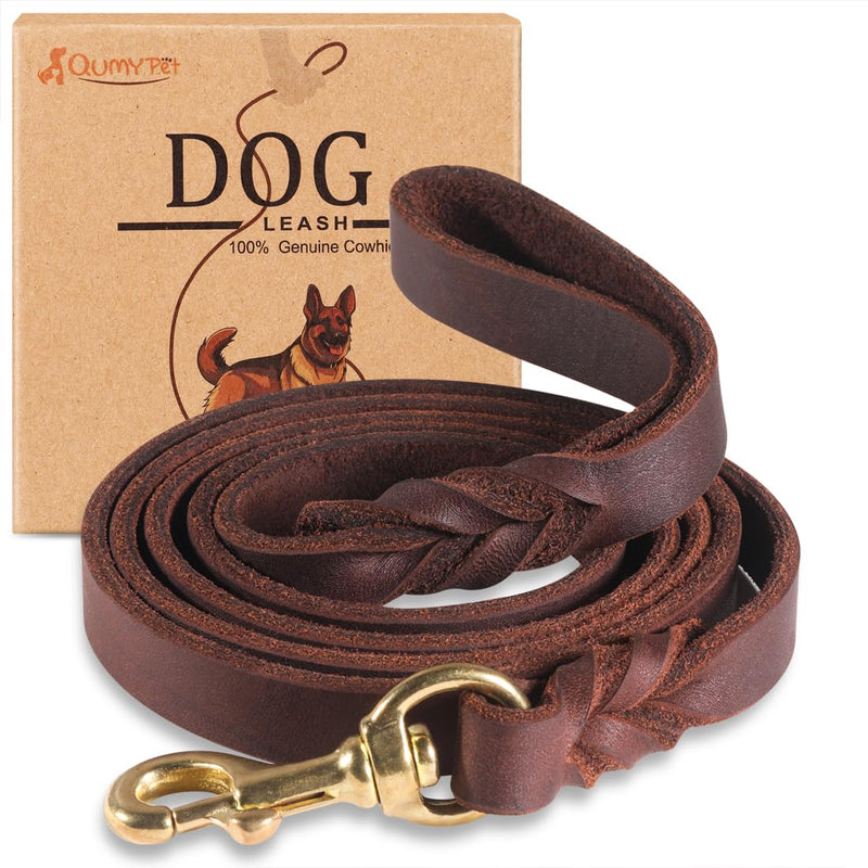 QUMY Leather Dog Leash 4ft, Heavy Duty Dog Training Leashs for Large, Medium and Small Dogs, Soft and Strong Genuine Leather Braided Handmade Long Lead Leash for Dog Training, Brown - PawsPlanet Australia