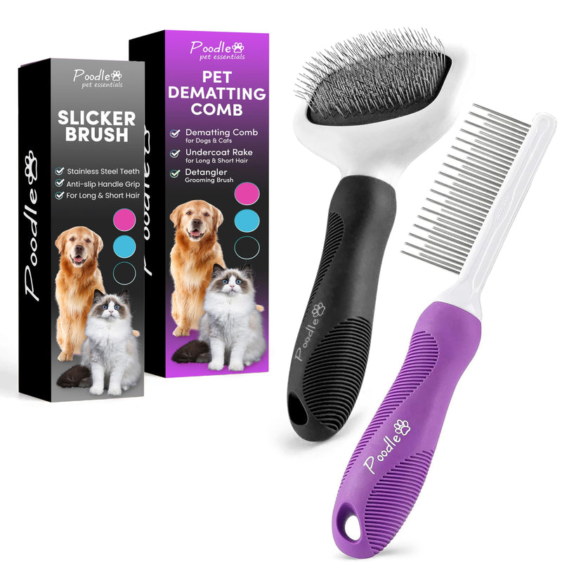 Poodle Pet Detangling Pet Comb + Black Slicker Brush Bundle - PawsPlanet Australia