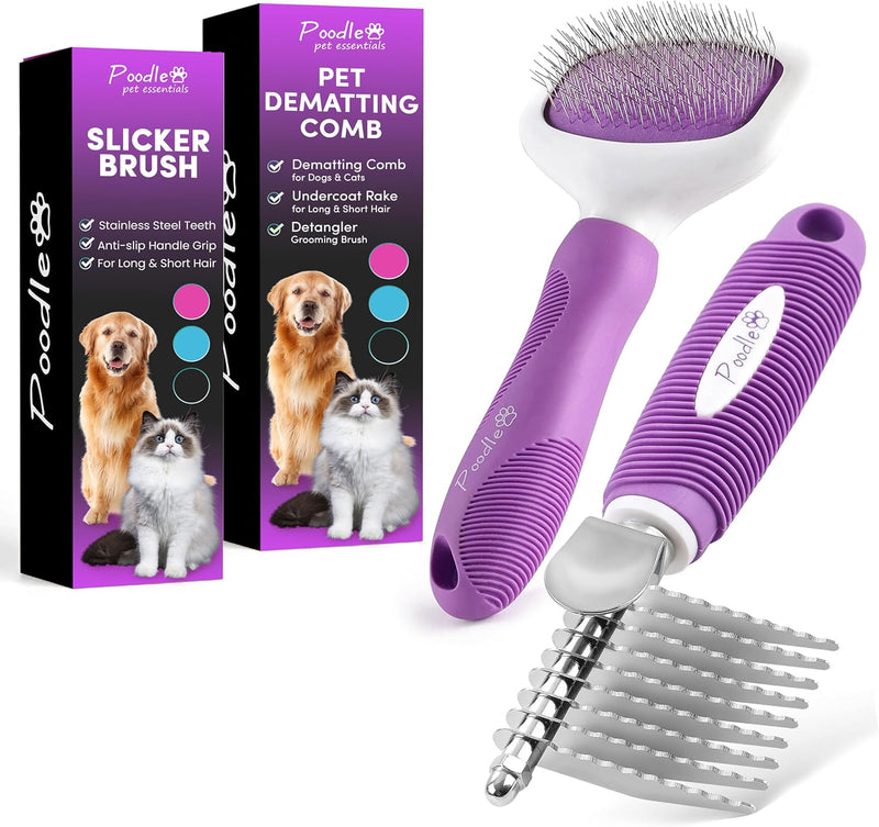 Poodle Pet Bundle - Dematting Fur Rake Comb Brush Tool with Steel Safety Blades for Detangling Matted or Knotted Undercoat Hair and Slicker Brush for Small and Large Dogs Pet Hair Remover - PawsPlanet Australia