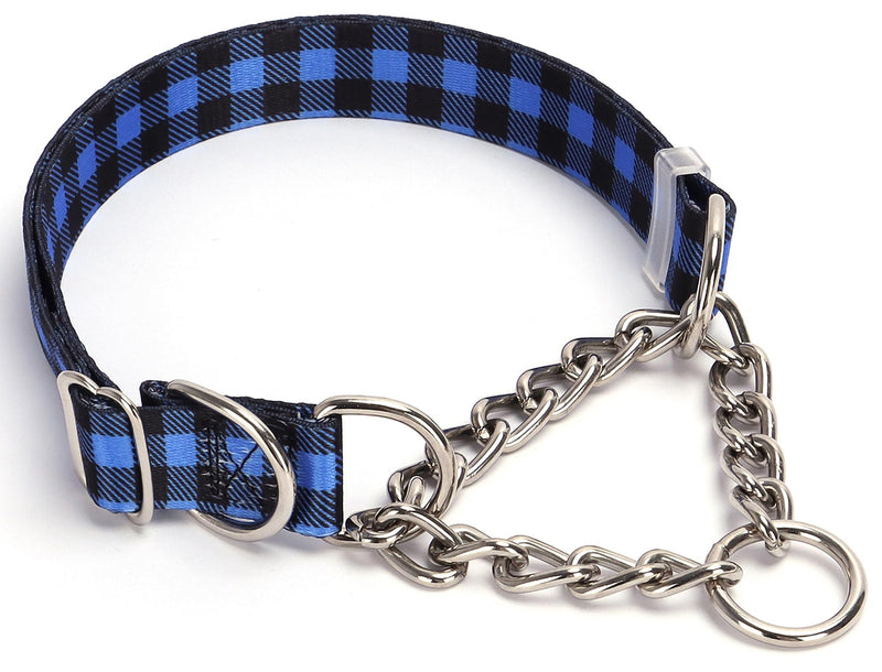 Martingale Collar for Dogs with Nylon & Steel Chain Limited Cinch Design, Blue Buffalo Plaid No Choke Dog Collar, Adjustable No Pull Dog Training Collar, Great for Training, Walking, Hunting (XL) 6 XL(Neck21"-25") - PawsPlanet Australia