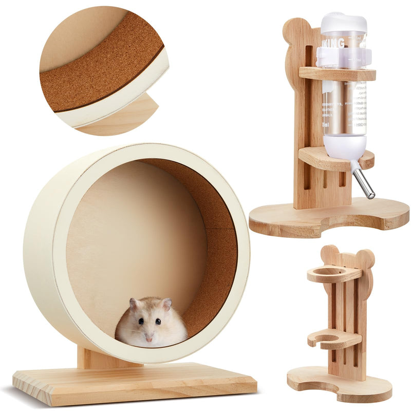 2 Pcs 7.9" M Size Wooden Hamster Wheels and Hamster Water Bottle Set Guinea Pig Running Silent Exercise Wheels Small Animal Water Dispenser Stand Holder for Guinea Pig Gerbil - PawsPlanet Australia