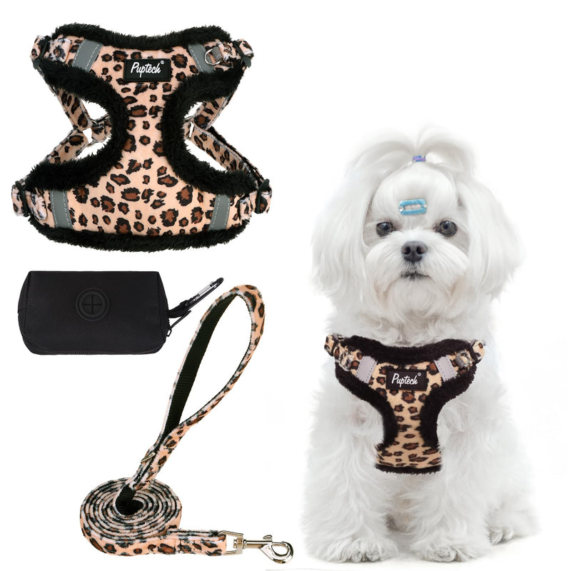 PUPTECK Dog Harness and Leash Set Small Sized, Step in No Pull Adjustable Puppy Cat Harness Reflective Pet Vest S (13-17lbs, Chest 15"-18") #3 Brown(Plush Leopard Print) - PawsPlanet Australia