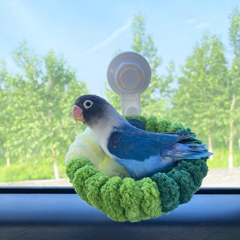Portable Suction Cup Bird Perch Nest for Travel Car Window Glass, Warm Bird Sleeping hut Snuggle Bed for cage (Green Combo, L) Green Combo