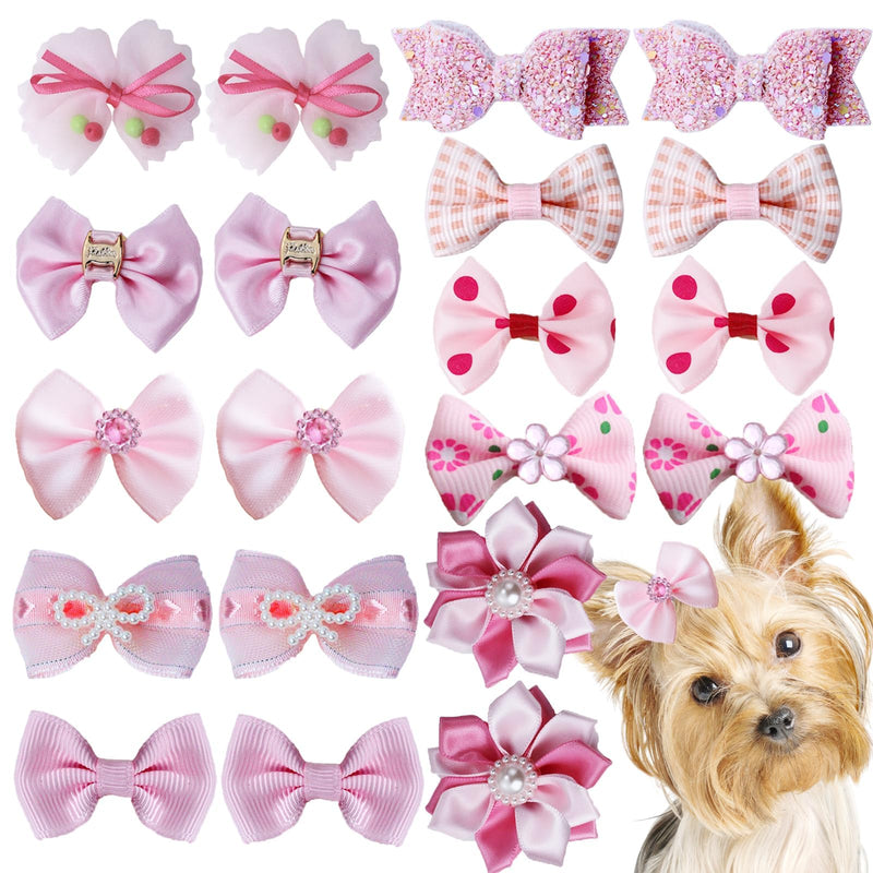 20pcs Light Pink Small Puppy Dog Hair Bows with Rubber Bands, Flower Ball Bowknot Rhinestone Pearls Hair Ties Mix Style for Dog Hair Accessories - PawsPlanet Australia