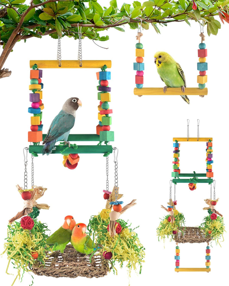 Bird Hammock Toys Parakeet Perches Swing, 3in1 Detachable Parrot Cage Accessories, Wooden Hanging Chew Toys for Small to Large Conure Cockatiel Quaker African Grey - PawsPlanet Australia