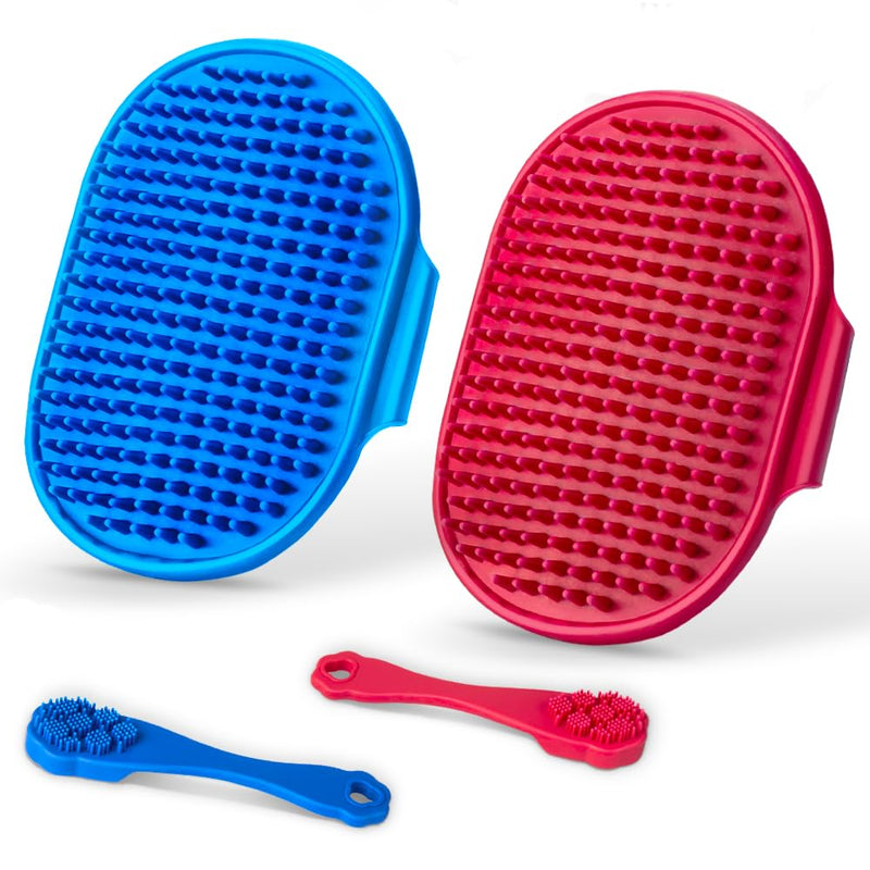 4PCS Dog Bath Brush | Dog Scrubber for Bath | Dog Shampoo Brush | Dog Toothbrush | Dog Finger Toothbrush | Dog Shower/Washing Brush with Adjustable Ring Handle - Dog Bath Supplies (Blue Red) - PawsPlanet Australia