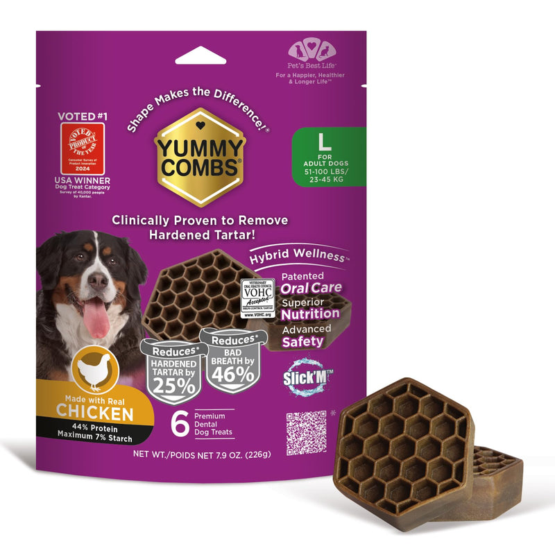 Yummy Combs Dog Dental Treats – Vet VOHC Approved, Removes Tartar & Cleans Teeth – Yummy High Protein Chicken Treat for Large Dogs (Mini Pack, 6 Count) Mini Pack - PawsPlanet Australia