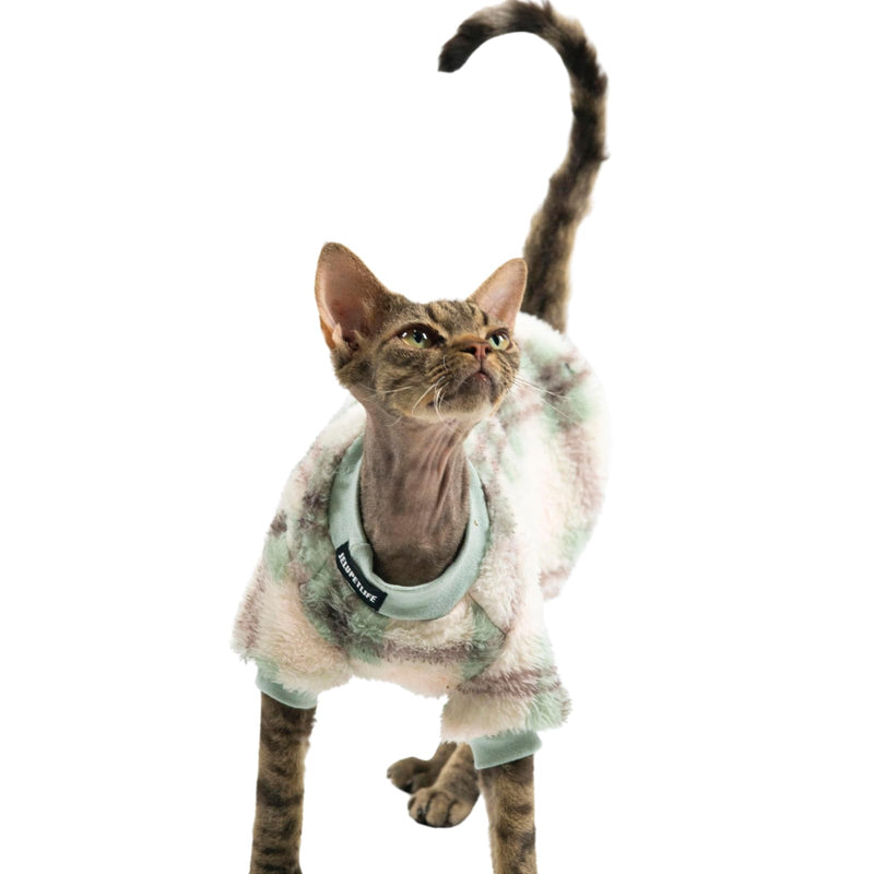 Cat Double-Sided Fleece Clothes, Soft Warm Winter Jumpsuit Sweater Shirt Clothing for Hairless Sphynx, Devon & All Indoor Kittens (Green,S) green S - PawsPlanet Australia