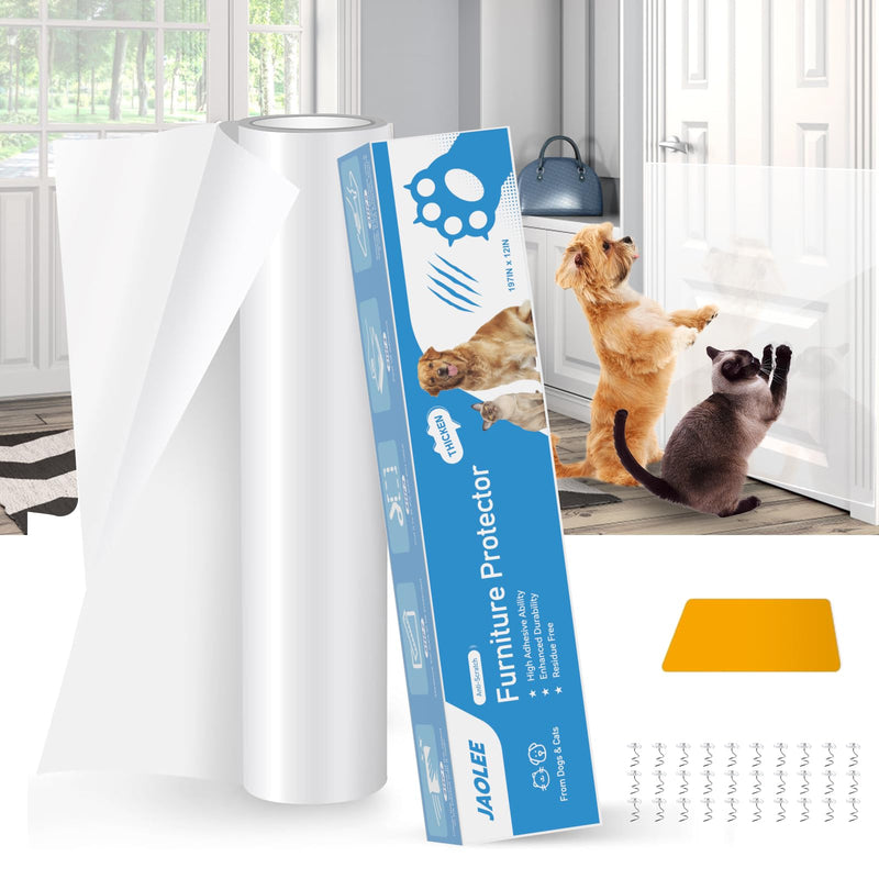 Door Protector from Dog Scratching, 197"x12" Anti Cat Scratch Furniture Protector, Single-Sided Sticky Thicken Vinyl Couch Protector from Cat Claws for Furniture Sofa Door Walls (30 Pins) 197"×12"+30pins - PawsPlanet Australia