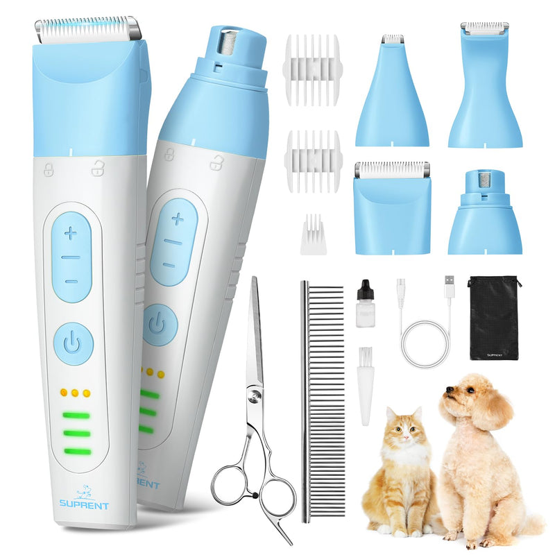 SUPRENT Dog Grooming Kit, 4 in 1 Quiet Pet Clippers for Grooming Supplies, Cordless Cat Paw Trimmer Dog Nail Grinder, Professional Long Hair Shaver Set for Cat Matted Hair and Small Dogs Blue - PawsPlanet Australia