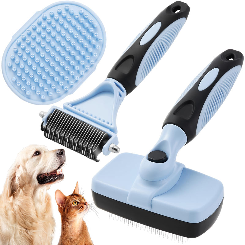 3PCS Cat & Dog Brush Set: Slicker & Deshedding Brush, Dematting Comb, and Bath Brush – Premium Grooming Tools for Shedding & Tangle-Free Fur (blue) blue - PawsPlanet Australia