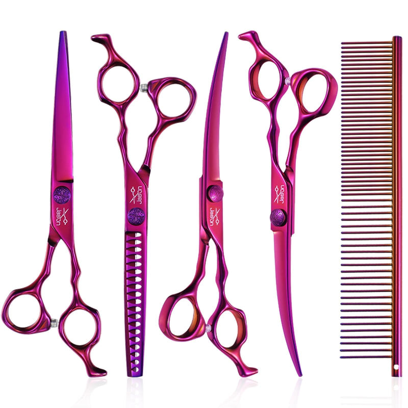 JASON Dog Grooming Scissors Set - Professional 6 in 1 Dog Shears Set - 7" Chunker, 7" Straight, 7" Up-Curved, 7" Down-curved Scissors and Comb for Cat Pet with Adjustable Screw Chunker Set - PawsPlanet Australia