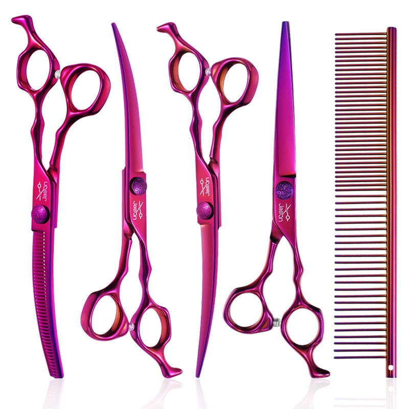 JASON Dog Grooming Scissors Set - Professional 6 in 1 Dog Shears Set - 7" Curved Thinner, 7" Straight, 7" Up-Curved, 7" Down-curved Scissors and Comb for Dog Cat Pet with Adjustable Screw Curved Thinner Set - PawsPlanet Australia