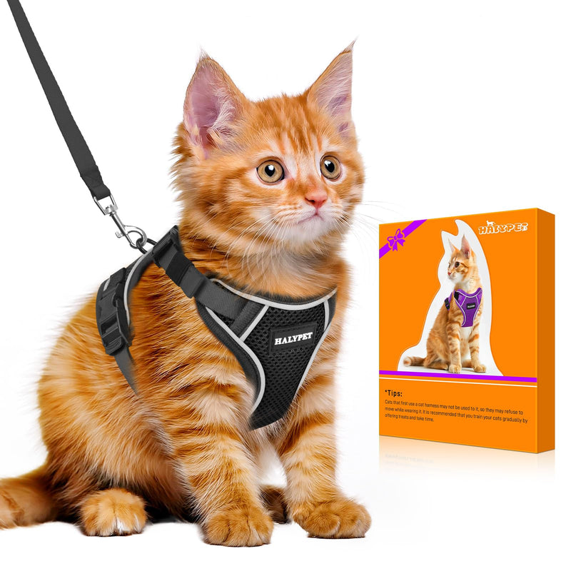 Halypet Cat Harness and Leash Set - MAX Safety 4th-Gen Upgrade, Escape Proof, Adjustable, Comfortable Soft Vest, Easy to Wear Kitten Harness with Reflective Strip for Cats Walking - Small Black H600 Pro Black Small (7-12lb) - PawsPlanet Australia