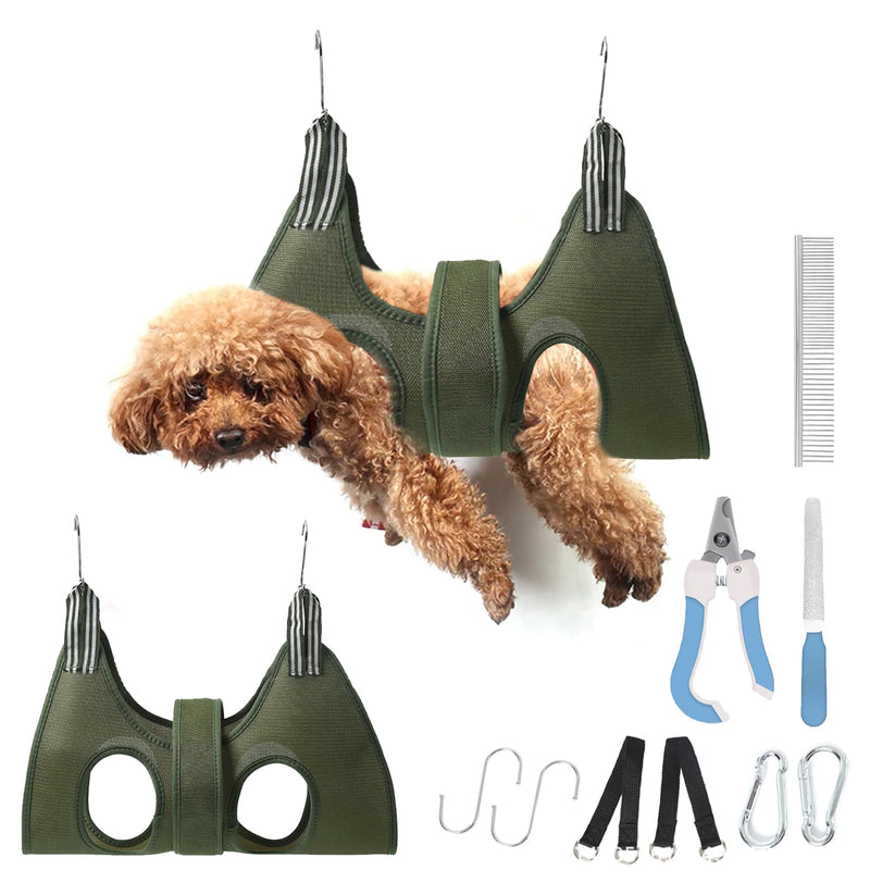 Dog Grooming Hammock for Small Dogs Cat with Pet Nail Clipper Trimmer Set,Pet Grooming Sling with Strong Waist Belt for Extra Security S（ Legs Spacing：11"*3.9" (15 LB Max)） Army Green - PawsPlanet Australia