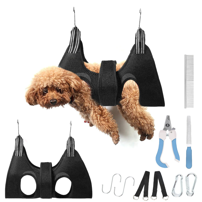 Dog Grooming Hammock for Small Dogs Cat with Pet Nail Clipper Trimmer Set,Pet Grooming Sling with Strong Waist Belt for Extra Security S（ Legs Spacing：11"*3.9" (15 LB Max)） Black - PawsPlanet Australia