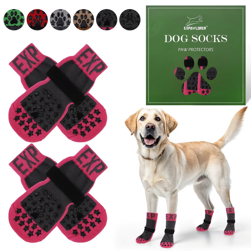 EXPAWLORER Anti Slip Dog Socks to Prevent Licking Paws - Dog Booties for Hardwood Floors, Pet Paw Protectors with Grippers for Winter Outdoor, Dog Boots Shoes for Small Medium Large Dogs, Stars Pink L - PawsPlanet Australia