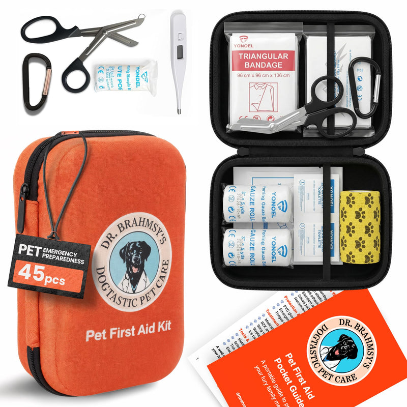 Dr Brahmsy’s Pet First Aid Kit for Dogs and Cats - Vet-Approved Essential Survival and Emergency Supplies for Home, Travel, Camping, Hiking - Packed in a Portable Waterproof Pouch - 45-Piece Set
