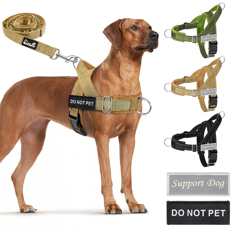 SlowTon No Pull Dog Harness - Heavy Duty Dog Harness and Leash Set for Medium Large Dogs, Reflective Tactical Harness with Soft Padded and Front Clip for Easy Walk and Training (Tan L) Tan - PawsPlanet Australia