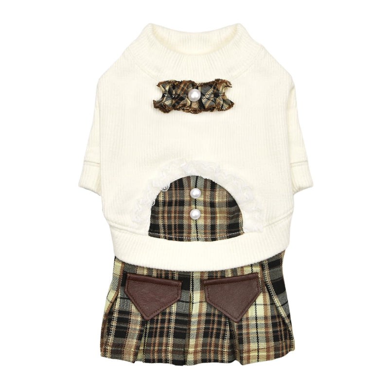 Pinkaholic New York Delaney Cute one-Piece Dress Checkered Pattern Skirt for Small and Medium Dogs, Cream, Medium