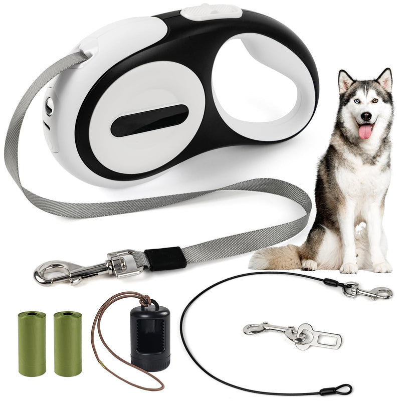 Retractable Dog Leash 16ft, 360° Tangle-Free, with Chew Proof Cable, LED Light, Dispenser, 2 Poop Bags. One Button Brake & Lock, Anti-Slip Handle, for Dogs Up to 75lbs. (White, 16ft) White - PawsPlanet Australia