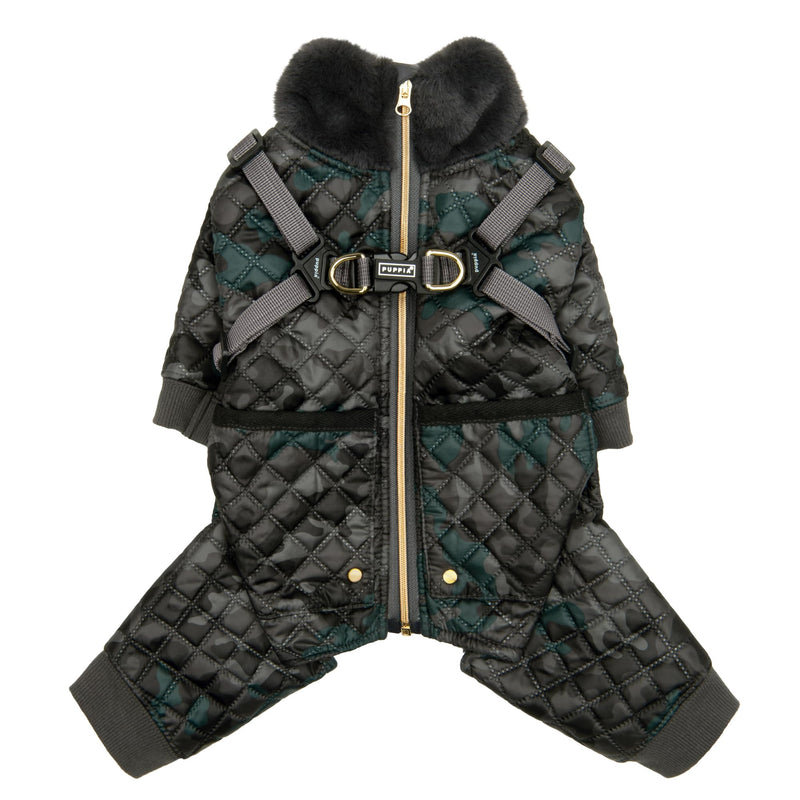 Puppia Bylur Mock Neck Full Zip up Warm Winter Jumpsuit with Integrated Harness for Small and Medium Dogs, Black, Medium - PawsPlanet Australia