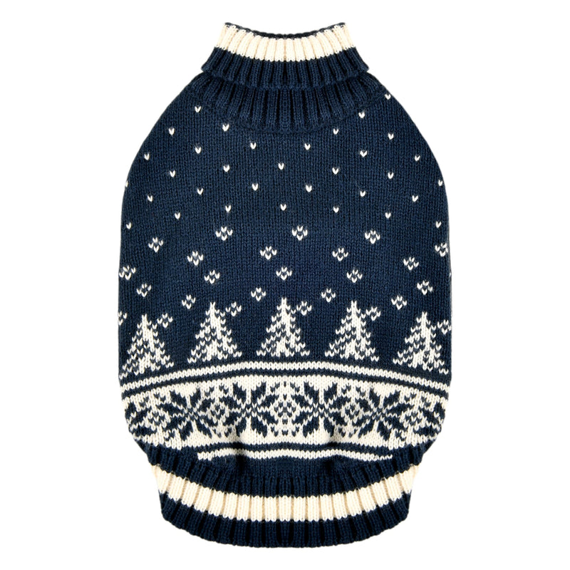 Puppia Nevis Winter Turtleneck Knit Shirts Snow Forest Pattern for Small and Medium Dogs, Navy, Large - PawsPlanet Australia